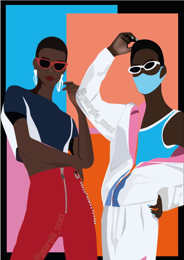 A colourful illustration of two supermodels