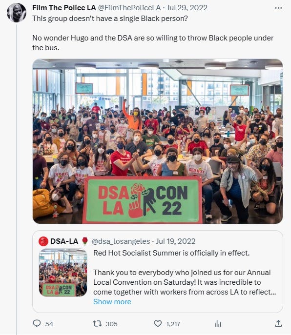 Pictured is a photo of the DSA-LA’s local convention and its attendees. There are about one-hundred people in the photo. Less than a handful are Black.