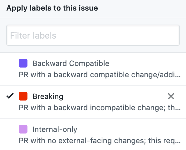 github labels list showing breaking, backward compatible, and internal-only labels