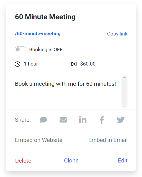 Screenshot of 60 minute for $60 meeting option.