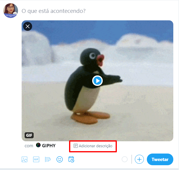 Caixa de publicação de tweet na versão web, com um GIF inserido e o botão “Adicionar descrição” detalhado.