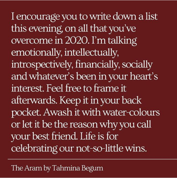 Screenshot from @tahminaxbegum ig account. White serif text on burgundy background. Encouragement to celebrate your own wins.