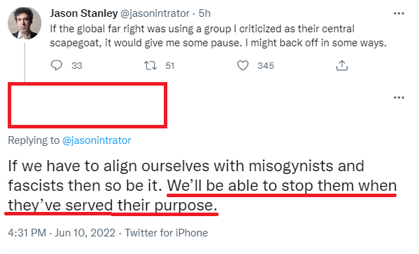 An anti-trans campaigner on Twitter: “if we have to align ourselves with misogynists and fascists then so be it. We’ll be able to stop them when they’ve served their purpose.”
