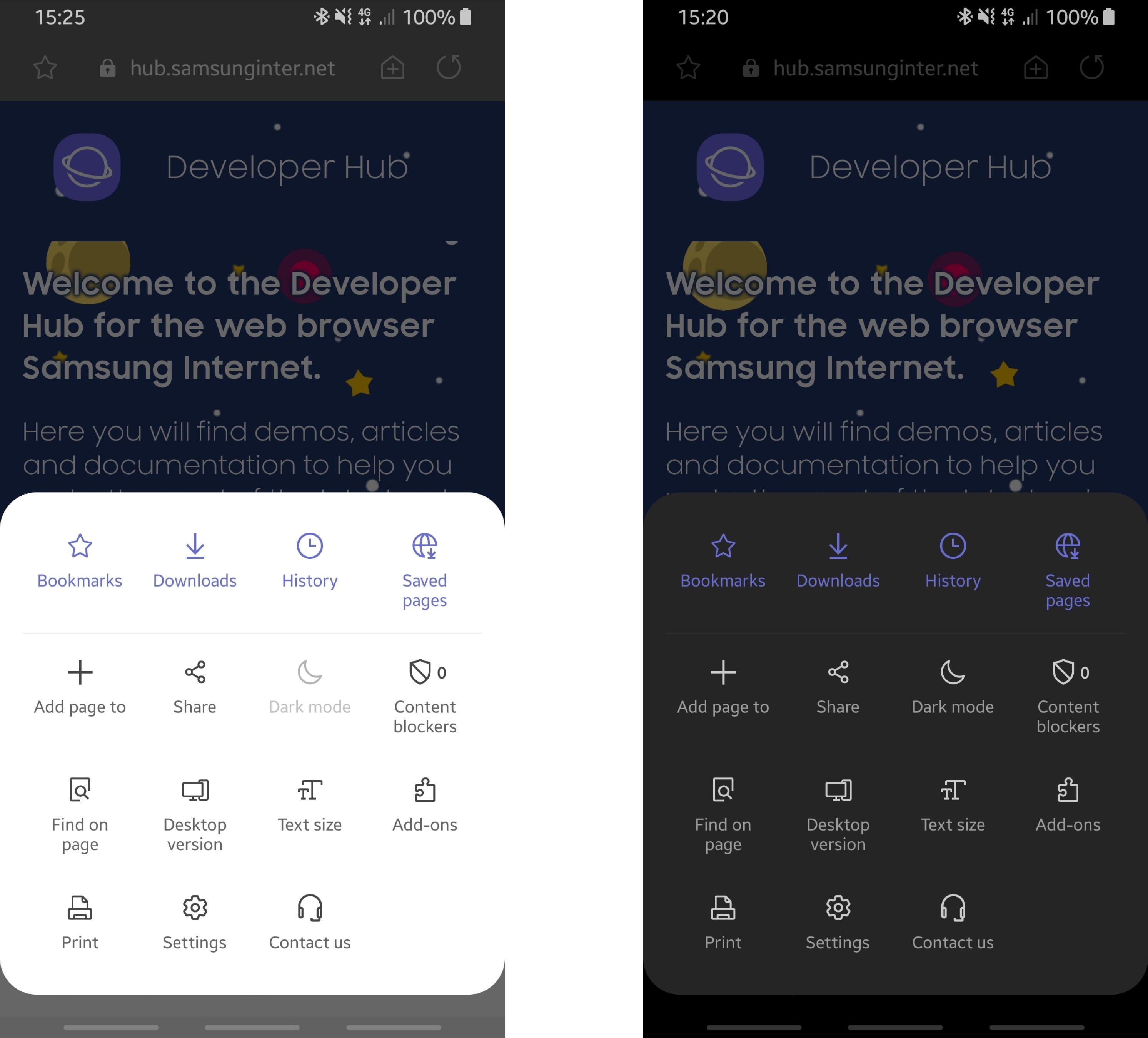 Samsung Internet in the standard (left) and dark ‘Night mode’ OneUI theme.