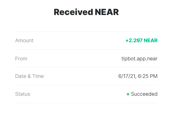 A screenshot of the transaction record. 2.297 NEAR is now in my NEAR wallet.