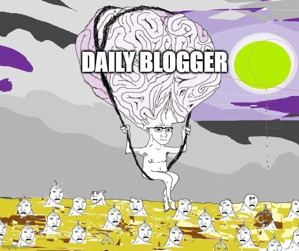 Picture of a wojak representing daily bloggers flying on his balloon brain over brainlets