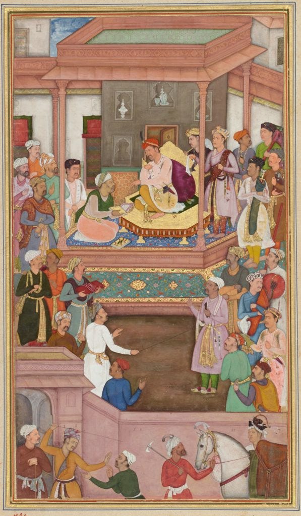 Fig. 1: Govardhan, c.1603–1605. A painting from the Mughal era showing Emperor Akbar receiving the second volume of his biography, the Akbarnama, from its author, Abu’l-Fazl ibn Mubarak, Agra. Source: Chester Beatty Digital Collections.