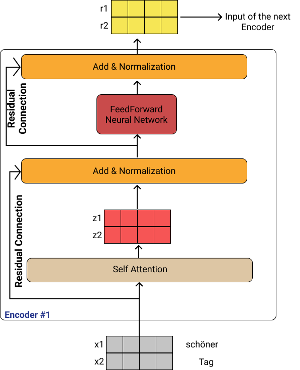 The word at each position goes through a self-attention process. Then, each result pass through a Feedforward Neural Network (Same DNN but each vector pass through separately) In this example, there are two words but the maximum number of words (that can be given to the model) is a hyper-parameter.