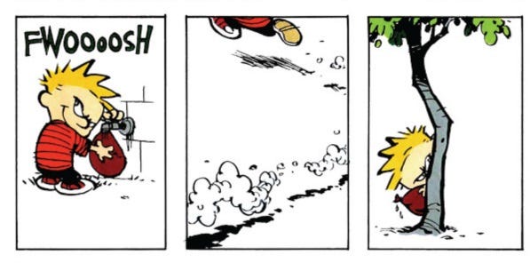 Panel 1: Calvin fills a water balloon with a mischievious look on his face. Panel 2: Zig-zagging away, Calvin runs out of the panel. Panel 3: Calvin hides behind a tree with the water balloon.
