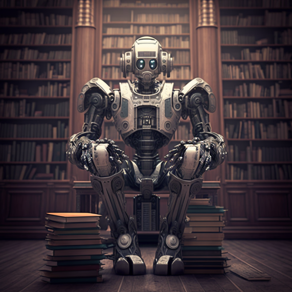 robot in a library — Midjourney