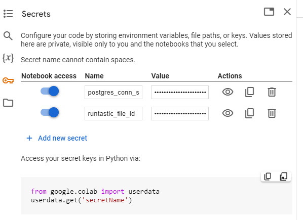 A screenshot of Google Colab service showing how to define secrets to be used in a Python Notebook
