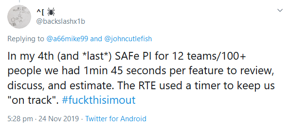 In my 4th (and *last*) SAFe PI for 12 teams/100+ people we had 1min 45 seconds per feature to review, discuss, and estimate. The RTE used a timer to keep us "on track". #fuckthisimout
