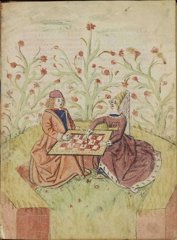 Painting depicting a man and a woman sat on a hill playing a game of chess