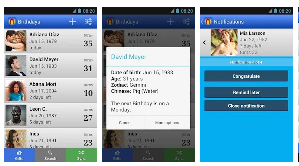 Screenshots for the “Birthdays for Android” app taken from the Play Store.