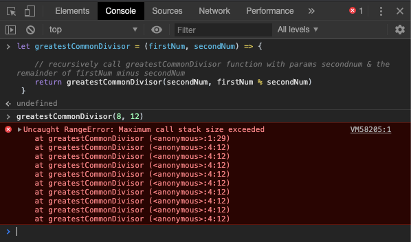 screenshot of the console showing uncaught RangeError: maximum call stack size exceeded