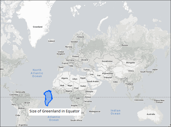 An image showing the true size of Greenland. Mercator projection exaggerates the area of Greenland