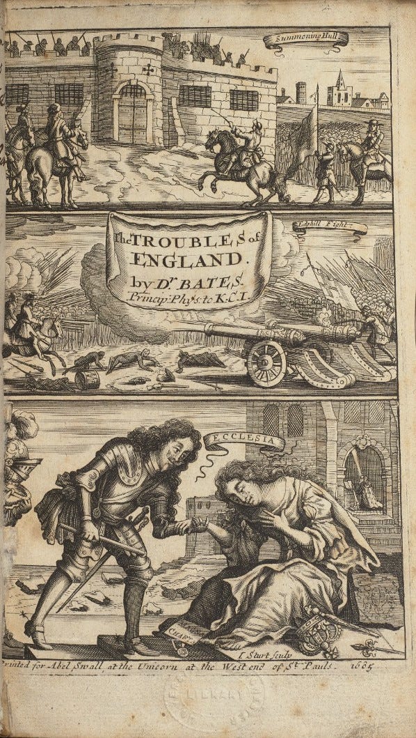 Illustrated title page for a short historical account of ‘The Rise and Progress of the Late Troubles in England’. The document has three panels, one showing the siege of Summoning Hull, one showing the battle of Edgehill and another where a figure representing the church cries and bows to King Charles I.