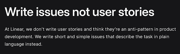 Screenshot from Linear Method website with headline “Write issues not user stories”