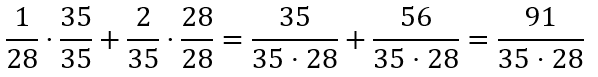 One-twenty-eighth times two-thirty-fifths is ninety-one divided by the product of thirty-five and twenty-eight.