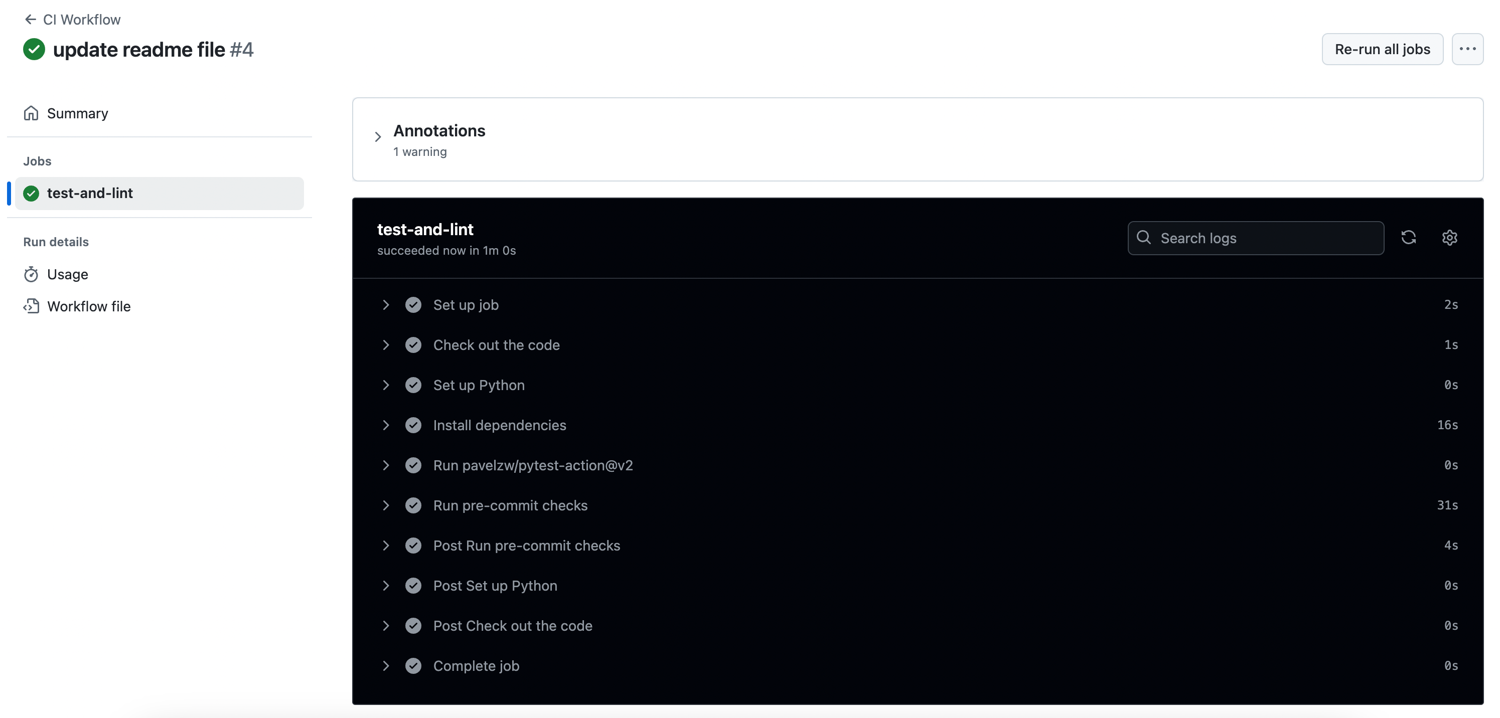 results of the GitHub Actions workflow