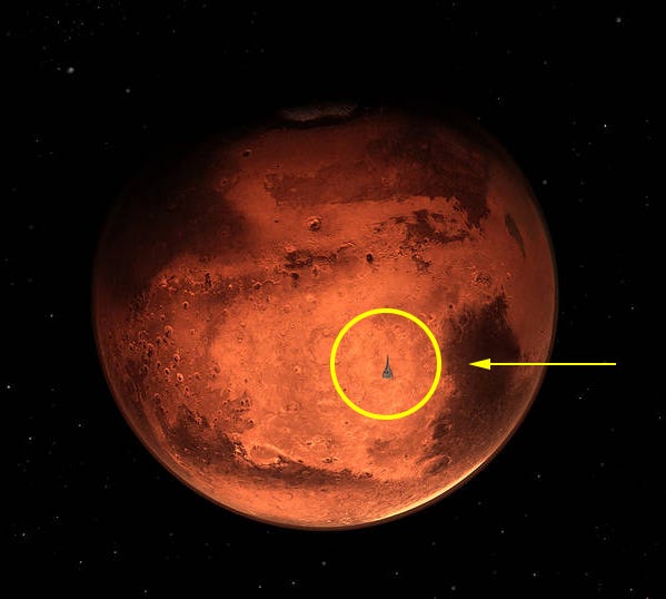 An image of Mars, photoshopped for illustration of purposes, showing a spire. Image courtesy of NASA and Elina Emurlaeva on Unsplash.