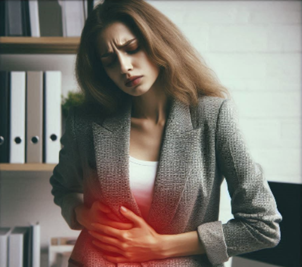 Vrouw met lang donkerblond haar en een grijs gewerkte colbert in een kantoor drukt haar handen tegen haar buik omdat ze last heeft van een vergrote lever door stress.