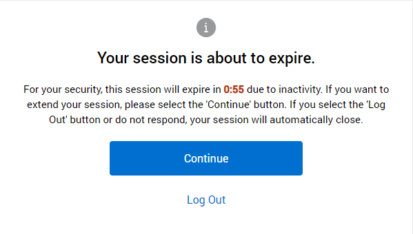 Time limit screenshot, informing users that their time is about to expire and that they can click ‘Continue’ for more time.