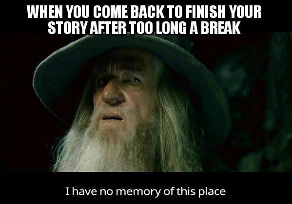 A meme with text above “When you come back to finish your story after too long a break” with gandalf saying “I have no memory of this place”.