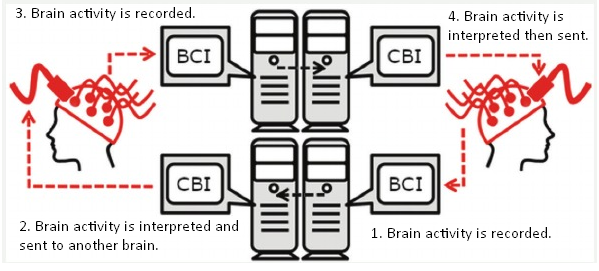 Diagram of how BCIs and CBIs work. Brain activity is recorded with EEG and BCIs, recorded/interpreted with CBIs, and then sent to another brain.