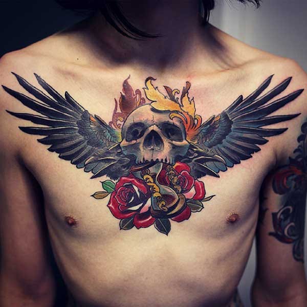 wing tattoo with skull