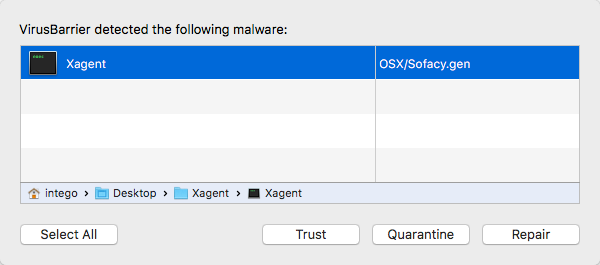 An IOS notification alerting a user of malware X=Agent on the host’s Desktop
