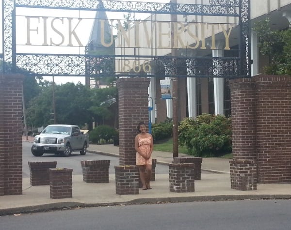 Rose posing at her school of choice, Fisk University.