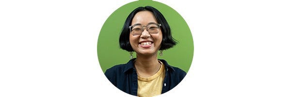Circular profile photo for Martina Tan, a Chinese American woman with glasses and a bob haircut, against a bright green background.