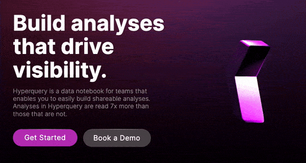 Build analyses that drive visibility. Hyperquery is a data notebook for teams that enables you to easily build shareable analyses. Analyses in Hyperquery are ready 7x more than those that are not. Get started or book a demo: https://app.hyperquery.ai/login?signup_direct=true