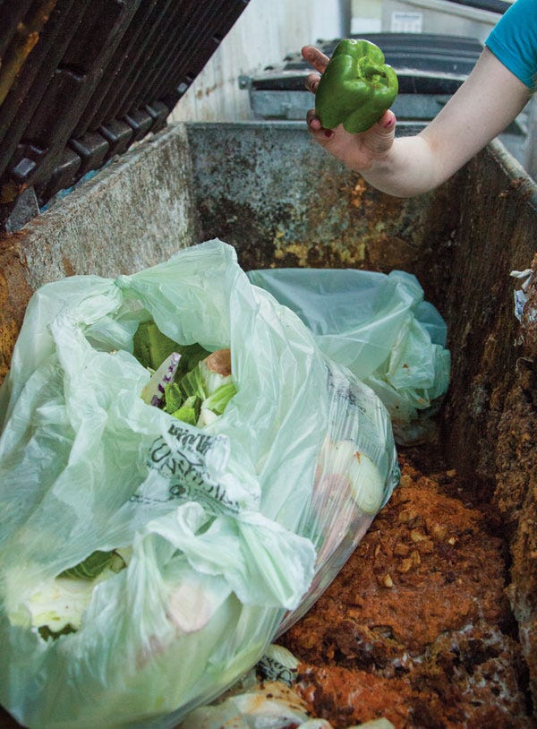 Green pepper in a dumpster