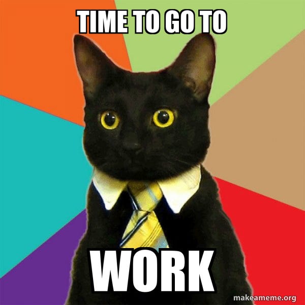 Imagem de um gato preto com gola branca e gravata listrada, em um fundo colorido com os dizeres “time to go to work” em português “hora de ir trabalhar”.
