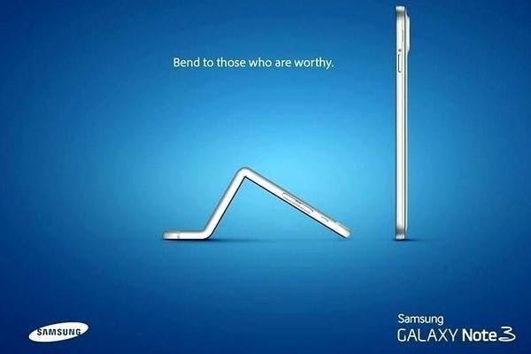 Samsung vs. Apple ad campaign “Bend to those who are worthy” Galaxy — Brand rivalry, marketing competition, advertising war.