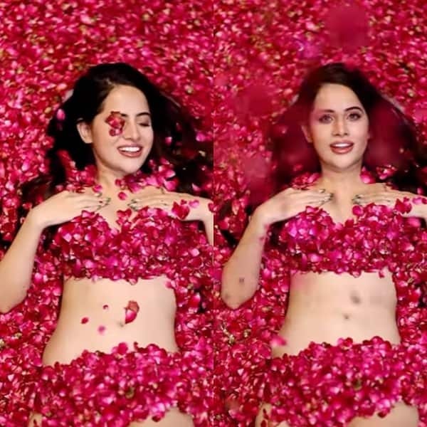 Urfi Javed new bold photos with no bra or top, body only showered rose petals nude on this viral video