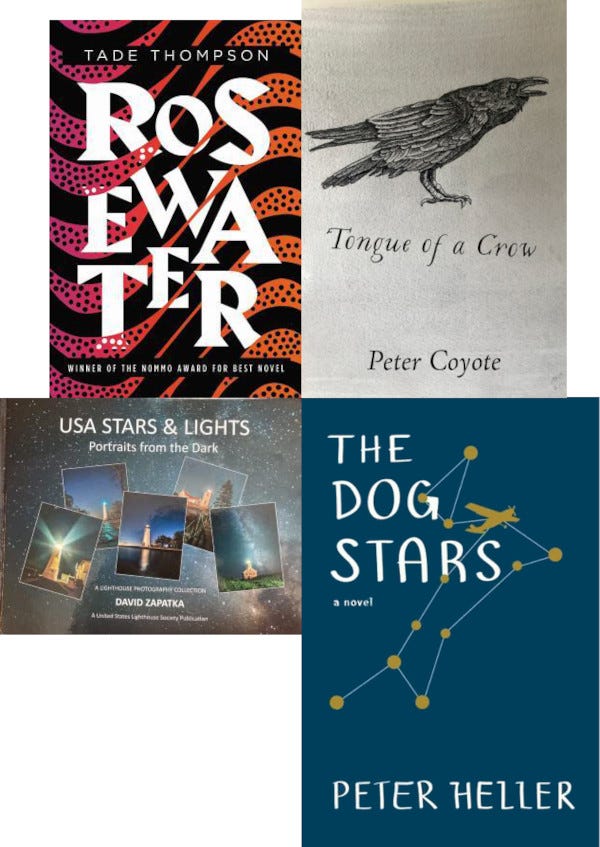 the covers of four books: Rosewater by Tade Thompson, Tongue of a Crow by Peter Coyote, The Dog Stars by Peter Heller, and USA Stars and Lights by David Zapatka