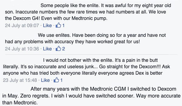 Users' feedback on Enlite CGM sensors. Screenshots from Facebook.