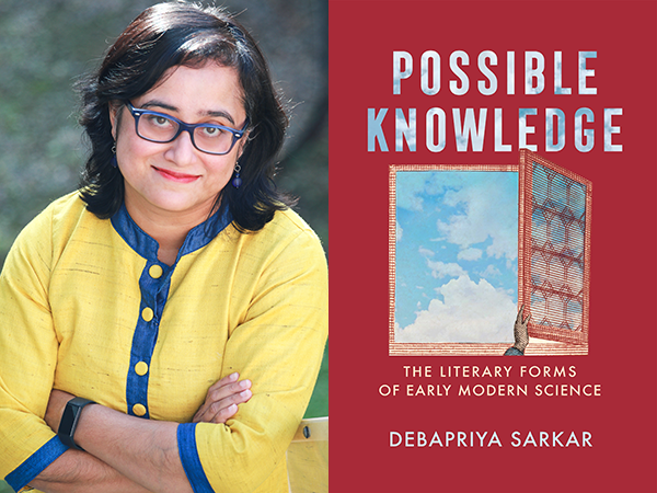 Debapriya Sarkar next to the cover illustration for her book, Possible Knowledge.