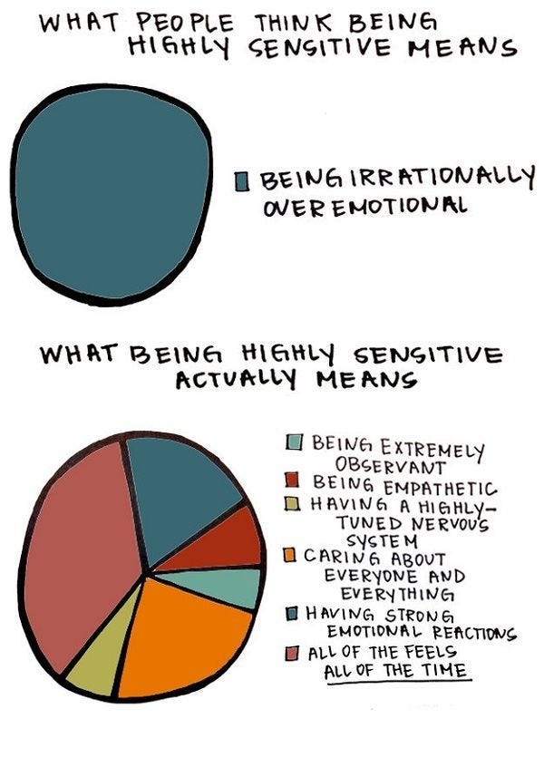 Drawing. “What people think highly sensitive means” above a blue circle with “over emotional” written beside it. Below: “What being highly sensitive actually means” above a pie chart that includes slices called “being extremely observant,” “being empathetic,” “having a highly-tuned nervous system,” “caring about everyone & everything,” “having strong emotional reactions,” & “all of the feels ALL OF THE TIME”