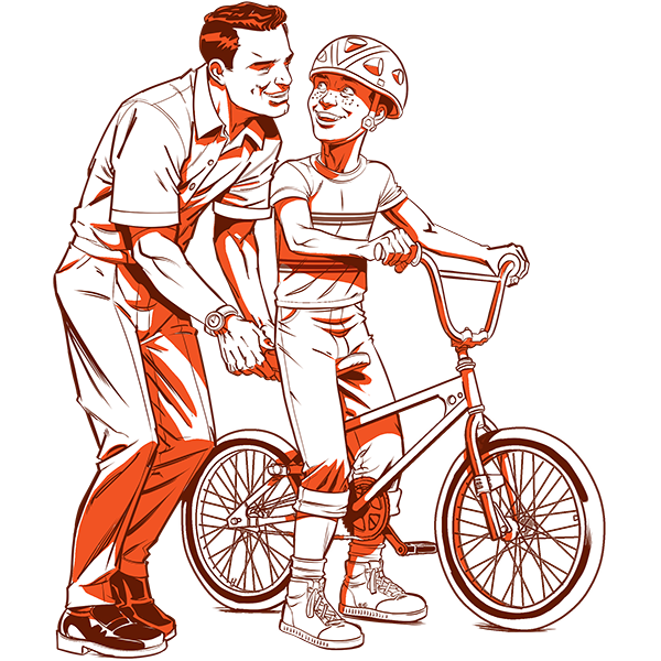 Child standing getting help from his teacher as he learns to scoot his bike