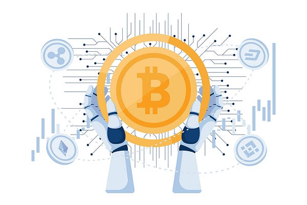 Robot Holding Bitcoin and Other Cryptocurrency Illustrations Graphics