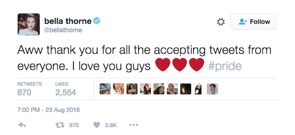 Bella Thorne thanking fans for their support.