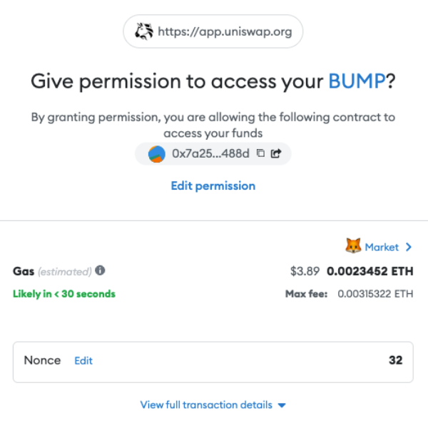 Give permission for metamask to access BUMP tokens