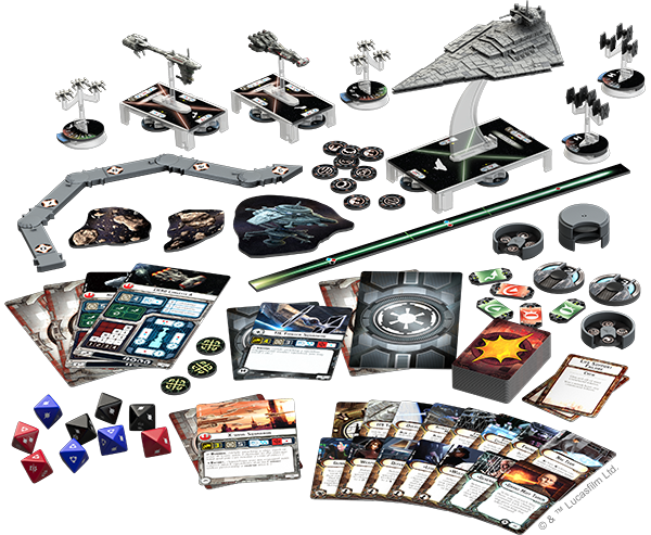 Cards, spaceship models, tokens, dice and everything that comes in the box of the game Star Wars Armada.