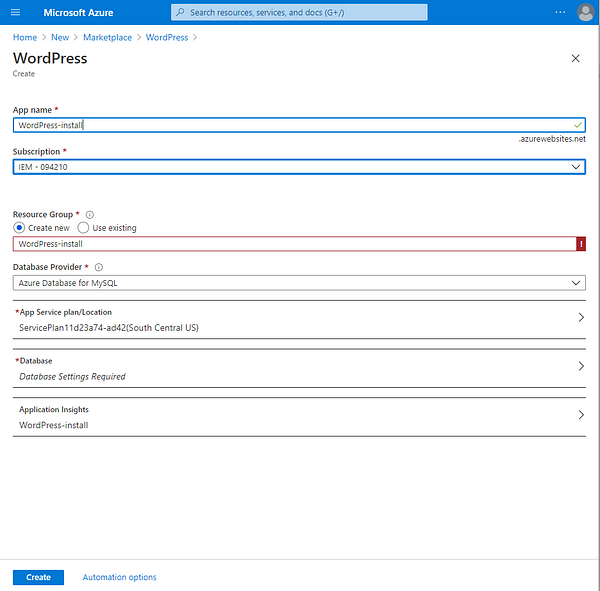 You can configure the resource with these options of Azure