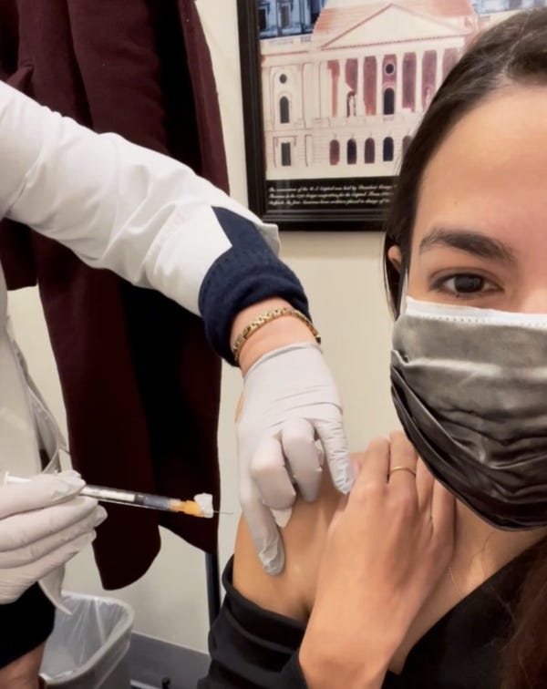 In a photo posted to Twitter, Rep. Alexandria Ocasio-Cortez showed her receiving the COVID-19 vaccine.