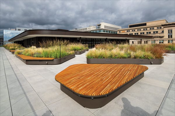The roof of the downtown public library. It features a series of large planter beds and some curvey benches.